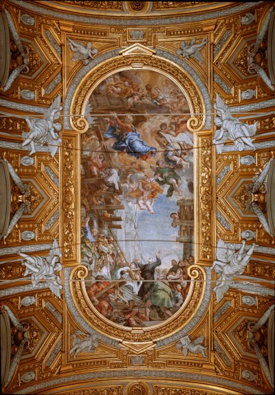 Panna se zjevuje svatému Filipu Nerimu (Filippo Neri) při stavbě kostela Pohled na fresky klenby od Petra z Cortony (Pietro da Cortona) (1596-1669) (Zázrak Madony della Vallicella od Pietra da Cortona, nástropní freska od Pietro da Cortona