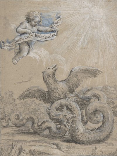 Design s orlem bojujícím s hadem a puttem na obloze Holding..., 17. století. od Pietro da Cortona
