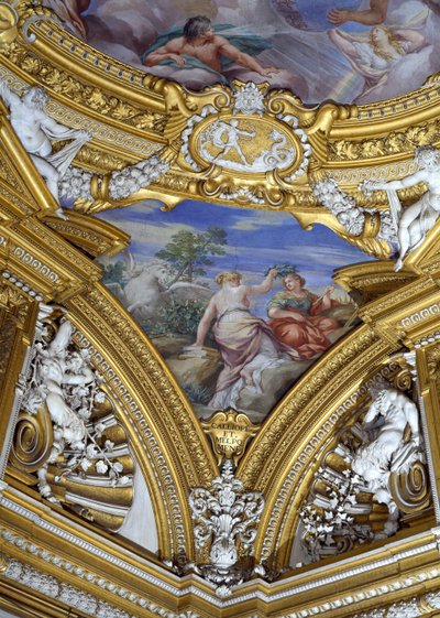 Sala di Apollo Hall of Apollo detail pendantu zobrazujícího múzy Calliope a Melpomene, freska kolem roku 1647 od Pietro da Cortona