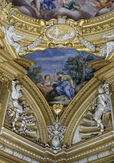 Sala di Apollo Hall of Apollo detail pendantu zobrazující múzy Thalia a Clio, freska kolem roku 1647 od Pietro da Cortona