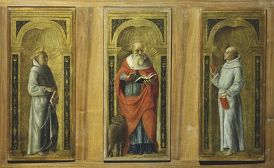 Tři panely – Svatý František, Svatý Jeroným a Svatý Antonín Paduánský, kolem roku 1480 (tempera na panelu) od Pietro di Francesco degli (circle of) Orioli