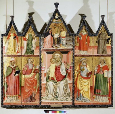 Polyptych Panny Marie s dítětem se svatými. Nahoře vlevo: Svatá Kateřina Alexandrijská a Svatá Máří Magdalena. Ve středu kolem Krista na kříži s nápisem „INRI““ (I.N.R.I.). Panny Marie a svatého Jana. Vpravo nahoře: S od Pietro di Giovanni Lianori