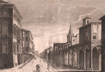 Pohled na Strada Maggiore v Bologni, Emilia-Romagna, Itálie, mědirytina C Lambertini podle kresby Pio Panfili (1723-1812), cca 13,5x19 cm od Pio Panfili