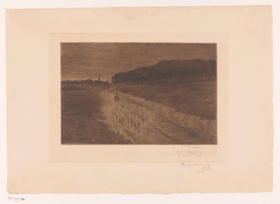 Stádo ovcí s pastýřem na cestě vřesoviště od Pol Craps (signed by artist)