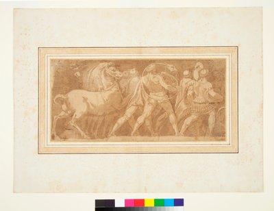 Vlys s částí římského triumfu (pero a hnědý inkoust a hnědé mytí) od Polidoro da (after) Caravaggio