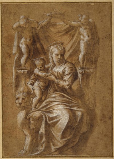 Madonna s dítětem trůnící (pero a hnědý inkoust s barvou těla na papíře) od Polidoro da (follower of) Caravaggio