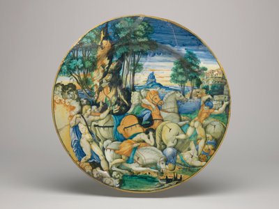 Miska z Maioliky, Apollo zabíjející syny Niobe – tvar přibližně 64 s hladkým okrajem, základna misky, 1548 od Polidoro da Caravaggio