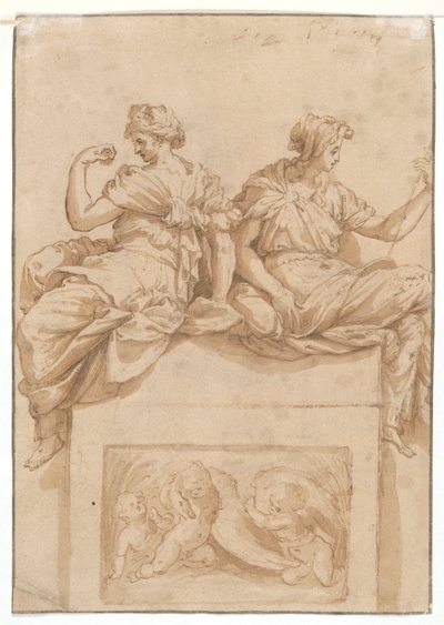 Studie sedícího starce (recto); Kopie (od neznámého umělce) po studii Perina del Vaga pro Sala Paolina, Castel Sant od Polidoro da Caravaggio