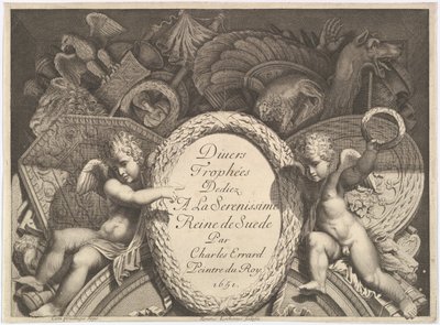 Titulní strana Divers Trophées Weapon Trophies po fasádě Palazzo Milesi v Římě, 1651 od Polidoro da Caravaggio