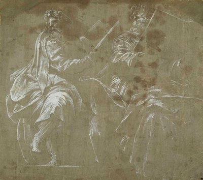 Dva vousatí proroci sedí, drží otevřené knihy (bílá barva těla na šedém papíře) od Polidoro da Caravaggio