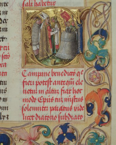 Žehnání zvonu biskupem z pontifikálu biskupa Erasma Cioleka, asi 1510 (tempera a zlato na pergamenu) od Polish School