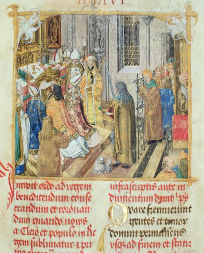 Korunovace polského krále od pontifikálu biskupa Erasma Cioleka, kolem 1510 (tempera a zlato na pergamenu) od Polish School