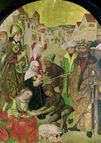 St. Stanislav (1030-79) sleduje trestání nevěrných manželek podle příkazu krále Boleslava II. (1039-81) panel z oltářního obrazu sv. Stanislava od Polish School