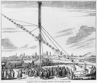 Velký astronomický dalekohled Johannese Heveliuse (1611-1687) ilustrace z Machina Coelestis od Hevelius, Gdaňsk, vydáno 1670 od Polish School