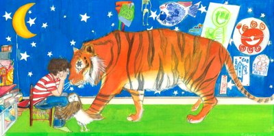 Albert Tygr a sova, 2019 (akvarel a kvaš na papíře) od Polly Horner