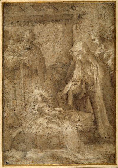 Klanění pastýřů (kovová jehla, pero a inkoust s mytím a kvašem na papíře) od Pompeo (fl.1569 71) (attr. to) Cesura