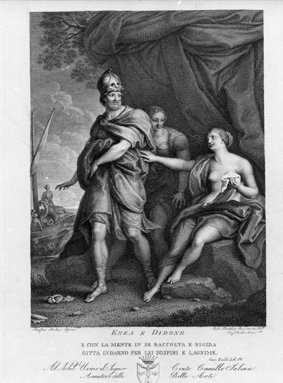 Eneide de Virgil (70 př. n. l. – 19 př. n. l.), kniha IV, trojští hrdinové Enee opouští Didon, která zoufale spáchala sebevraždu. Rytina podle obrazu Pompea Batoniho (1708-1787) od Pompeo Girolamo (after) Batoni