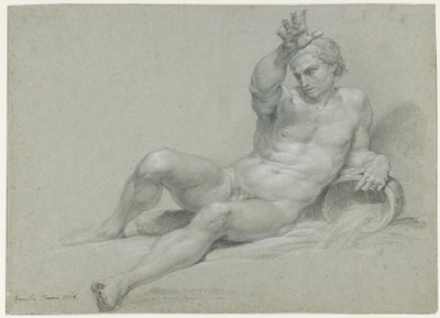 Studie aktu ležícího mužského modelu se zdviženou pravou paží v póze antického říčního boha, šikmý pohled zleva od Pompeo Girolamo Batoni