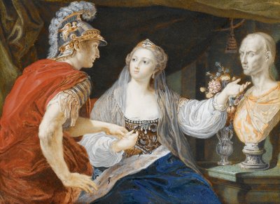 Kleopatra ukazuje Octaviovi bustu Caesara od Pompeo Girolamo Batoni
