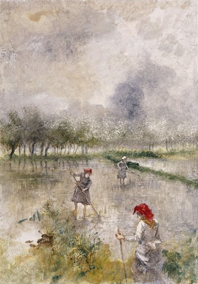 Žena v rýžových polích (monotyp tištěný barevně, zvýrazněný pastelkou) od Pompeo Mariani