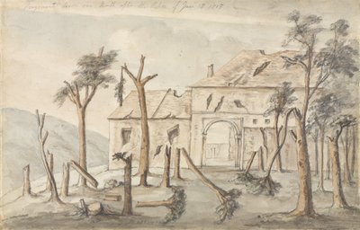 Hougoumont nakreslený měsíc po akci z 18. června 1815, července 1815 (tužka a wc na papíře) od Ponsonby