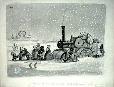Populární mylné představy: Život v Rusku, ilustrace z Punch, publikovaná 27. prosince 1939 (pero, inkoust, monochromatický akvarel a tělová barva na papíře) od Pont