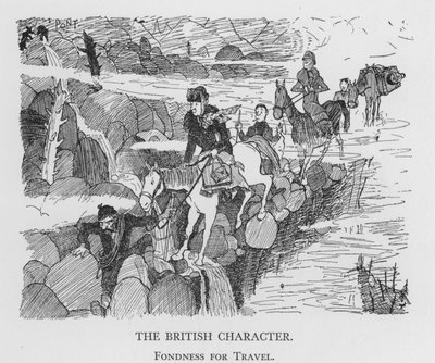 Britská postava, záliba v cestování (litho) od Pont