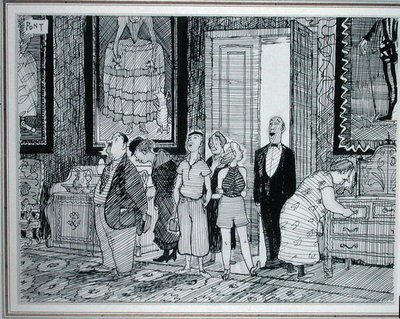 Britská postava: velký zájem o historické domy, ilustrace z Punch, publikovaná 8. července 1936 (pero a inkoust na papíře) od Pont