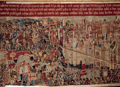 Conquete of Africa: “” Zajetí Asilah (Arzila) v Maroku v roce 1471 portugalským loďstvem””” Fragment tapisérie portugalské školy 16. století. Lisabon, Národní muzeum starověkého umění od Portuguese School