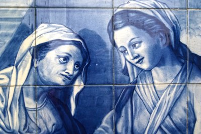 Detail Mary setkání s manželkou hostinského, Dekorativní panel zobrazující Mary a Josepha přijíždějící do Inn, Lamego, Portugalsko. 1738 (keramické dlaždice) od Portuguese School