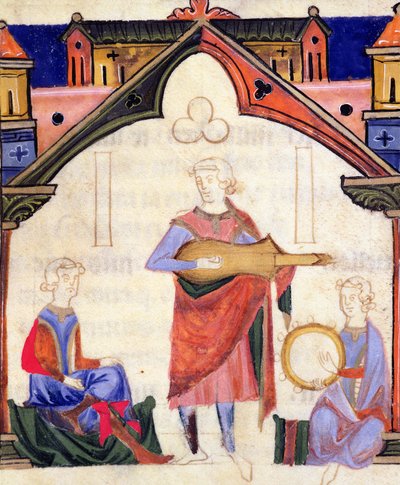 Fol.12v Hudebníci hrající na kytaru a tamburínu od Chansonnier des Nobles od Portuguese School