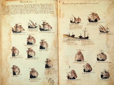 Rukopisná strana „“ Památníky portugalských armád za krále Manuela I. (1469-1521)““ představující portugalská loďstva. 1533 B.N. Paříž od Portuguese School