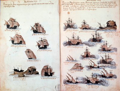 Rukopisná strana „“ Památníky portugalských armád za krále Manuela I. (1469-1521)““ představující portugalská loďstva. 1523 B.N. Paříž od Portuguese School