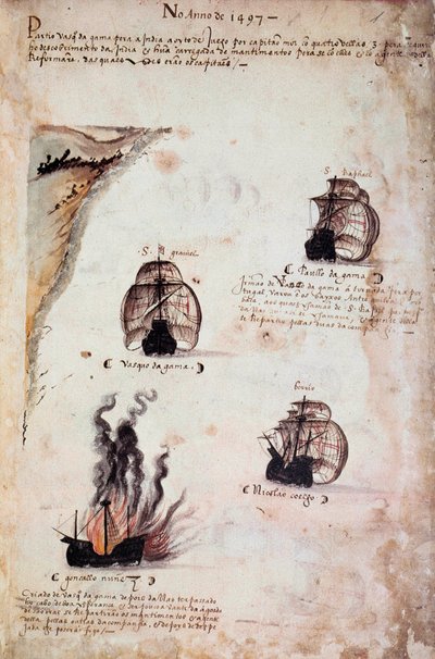 Rukopisná strana „“ Památníky portugalských armád za krále Manuela I. (1469-1521)““ představující portugalská loďstva roku 1497. 1523 B.N. Paříž od Portuguese School