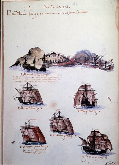 Rukopisná strana „“ Vzpomínky na portugalskou armádu za krále Manuela I. (1469-1521)“ představující portugalské loďstvo roku 1497. 1500 Lisabon, Národní muzeum antického umění od Portuguese School