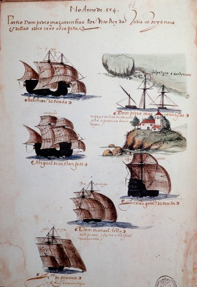 Rukopisná strana „“ Vzpomínky na portugalskou armádu za krále Manuela I. (1469-1521)“ představující portugalské loďstvo roku 1497. 1500 Lisabon, Národní muzeum antického umění od Portuguese School