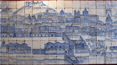 Panoramatický pohled na Lisabon, před zemětřesením 1755 - Azulejos začátek 18. století, panelová výstraha před bývalým palácem hrabat Tentugal, Lisabon (Velké panorama Lisabonu před zemětřesením 1755, fajáns počátek 18. století, starobylý palác od Portuguese School