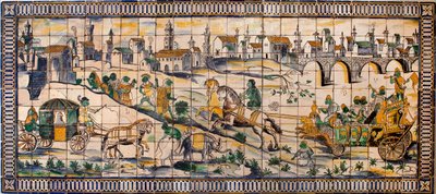 Singerie, svatba slepic - Tile panel, circa 1665, ze staré farmy Cadriceira, v Turcifal, Torres Vedras (Portugalsko) (Kuřecí svatba, Tile panel, circa 1665) - Musee national des azulejos, Lisabon (Portugalsko) od Portuguese School