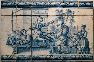 Lékař provádějící klystýr pacientovi - Satirický panel v Lisabonu, první polovina 18. století (Lékař - satirický panel, první polovina 18. století) - Musee national des azulejos, Lisabon (Portugalsko) od Portuguese School