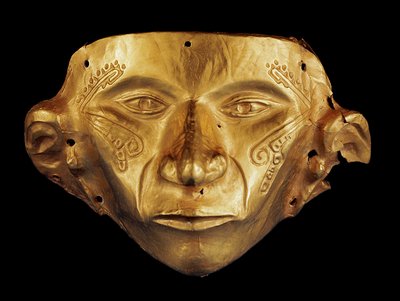 Předkolumbovská maska z archeologického parku Tierradentro, Alto de San Andres v Kolumbii (zlato) od Pre Columbian Pre Columbian