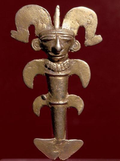 Předkolumbovské umění, civilizace Quimbaya (Kolumbie): antropomorfní přívěsek ve zlatě. 400-1400 našeho letopočtu. Bogota, Museo de Oro, Kolumbie od Pre Columbian Pre Columbian