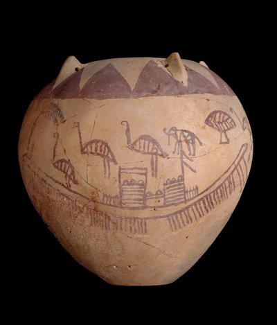 Dóza z pálené hlíny s malovanou výzdobou, včetně lodiček a zvířat, cca 3400-3300 př.nl (hlína) od Predynastic Period Egyptian