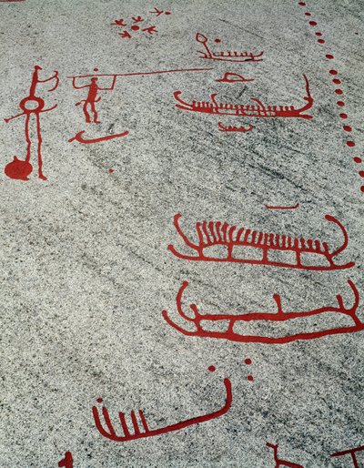Severská doba bronzová: čluny a sáně, skalní rytiny v Tanum, Švédsko od Prehistoric Prehistoric
