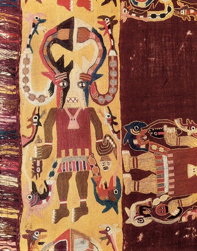 Předkolumbovská civilizace: ceremoniální úředník s maskou. 300-100 před naším letopočtem. Gobelín z Ica v Peru. Národní muzeum archeologie v Limě, Peru. od Prehistoric Prehistoric