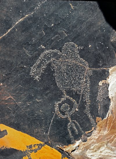 Pravěk, skalní umění: hrobová skála lidské postavy. Doba kamenná 5000-2000 před naším letopočtem. Taghit, Haut plateau du Hoggar (Ahaggar), Alžírsko od Prehistoric Prehistoric