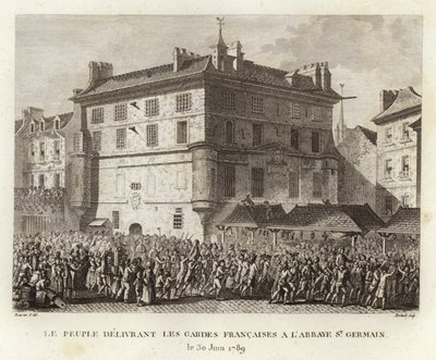 Lidé předávající francouzské stráže v opatství St Germain od Prieur