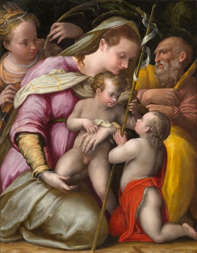 Svatá rodina se svatou Kateřinou Alexandrijskou a nemluvnětem sv. Jana Křtitele, cca 1551-1556 (olej na topolové desce) od Prospero Fontana