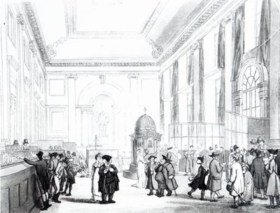 Bank of England, Velká síň, z Ackermannova „Microkosmu Londýna“, 1809 (akvatinta) od Pugin and Rowlandson