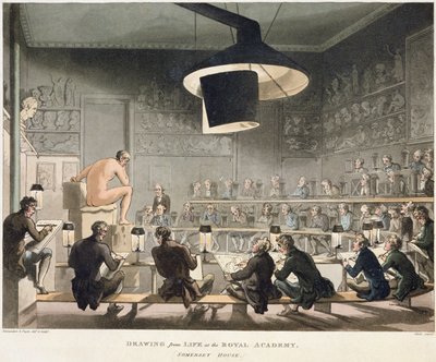 Kresba ze života na Královské akademii (barevná rytina) od Pugin and Rowlandson