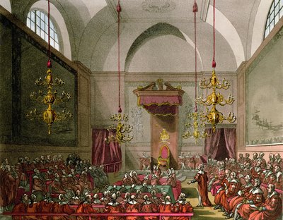Sněmovna lordů z Ackermannova „Microkosmu Londýna“ od Pugin and Rowlandson